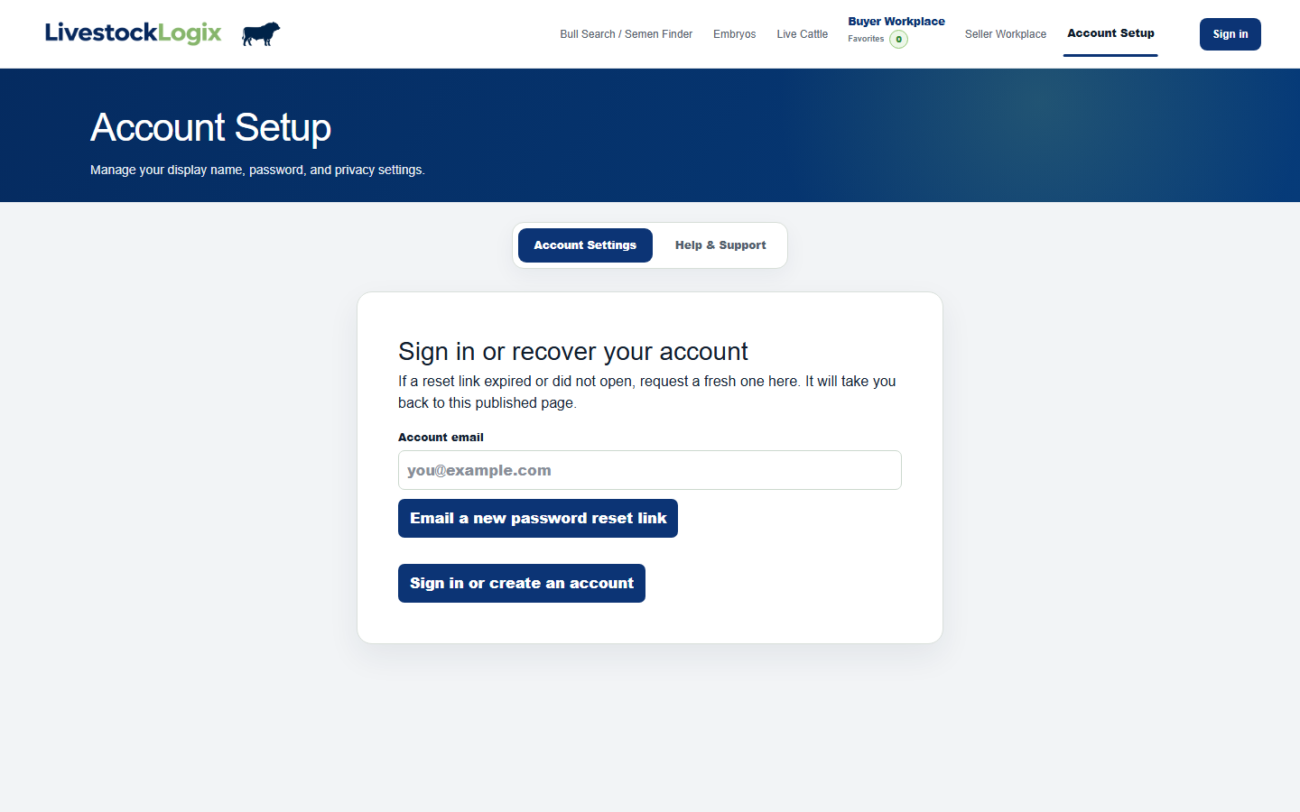 LivestockLogix account setup page