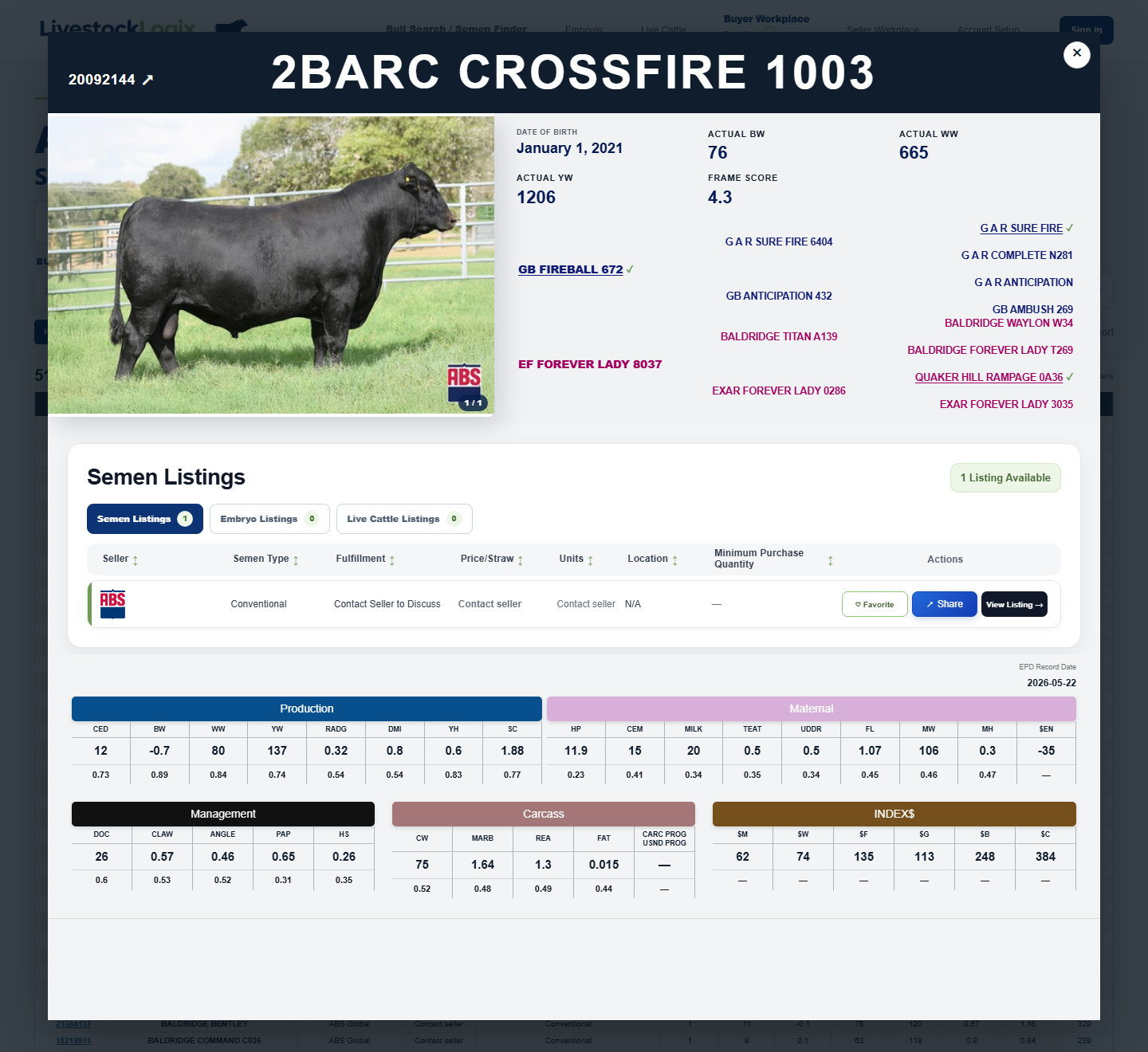 Complete bull detail view with photo, pedigree, and listing area