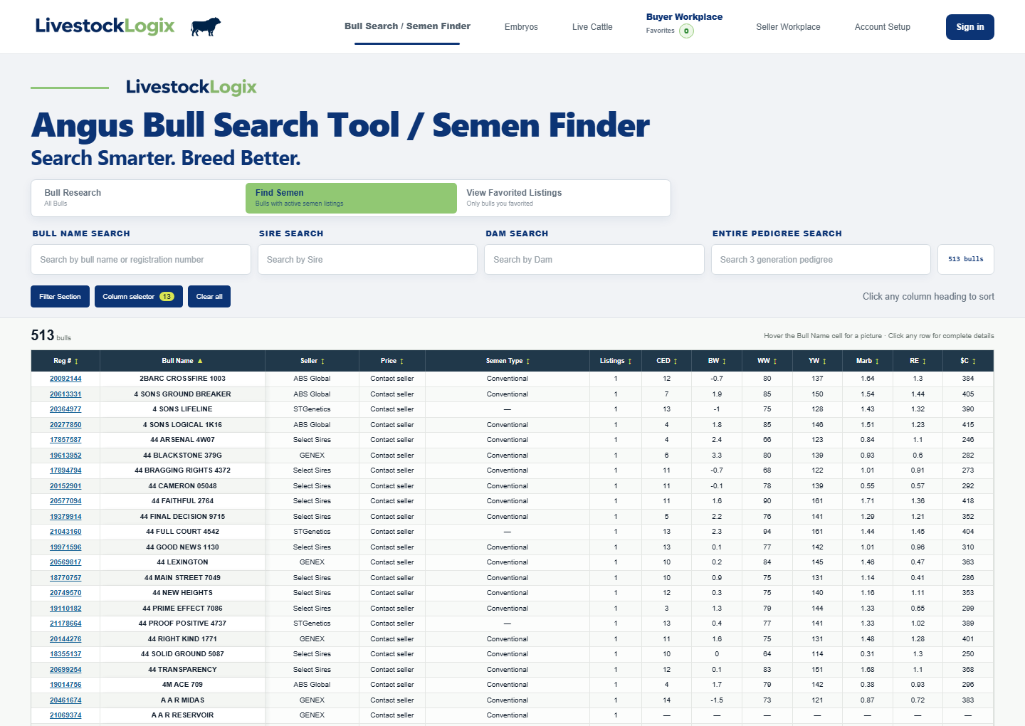 Bull Search filters and data table