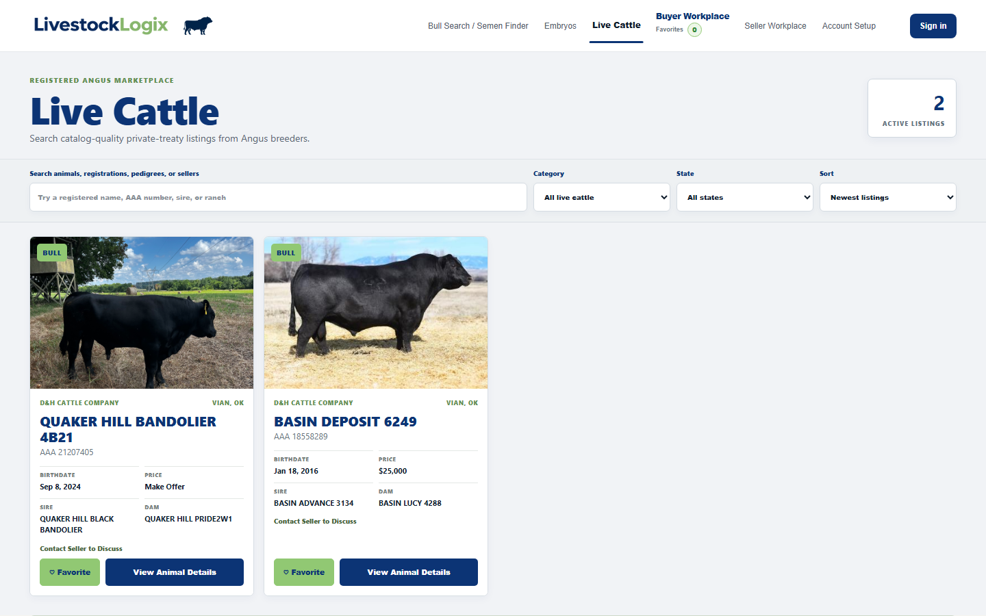 Live Cattle Search page