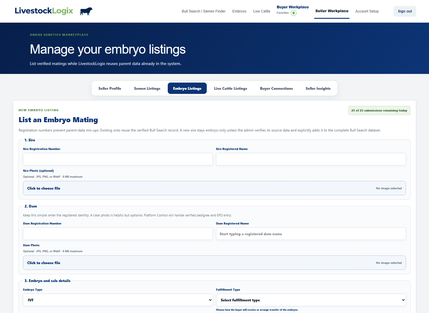 Seller Workspace used to access embryo listings