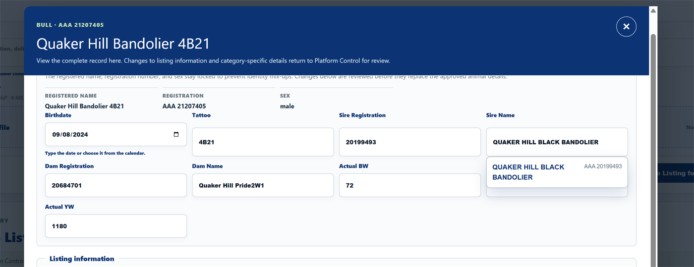 Seller Workspace used to access live cattle listings
